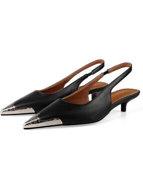 Women's Black Slingback Kitten Heels Etched Steel Toe Heeled Sandals Heel Pumps